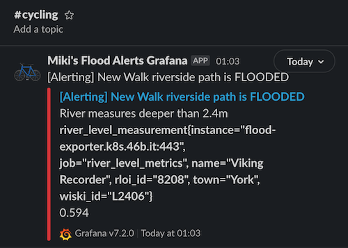 A Slack message posted by Grafana to warn that a York cycle path is flooded